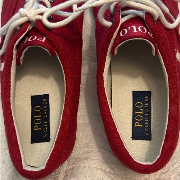 Polo by Ralph Lauren Red Canvas Flax Linen Low-Top White Logo Sneakers SZ 10.5 D - Picture 8 of 8